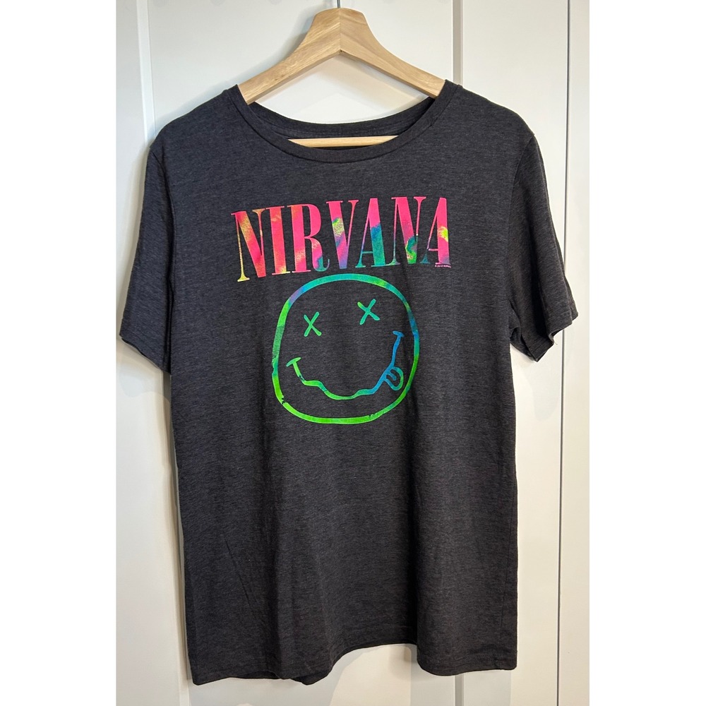Nirvana Smiley Face Tie Dye Graphic T-Shirt Charcoal Gray XL Band Tee